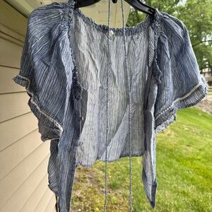 Blue and white striped off-the-shoulder or peasant-style